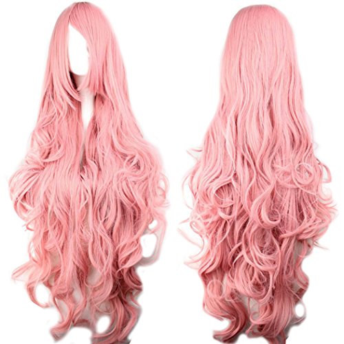 Acheter Photo Pal 100cm Cosplay Perruque Longue Ondulée Rose Avec Frange Cheveux Synthétiques Halloween Déguisement chez AMAZON.FR