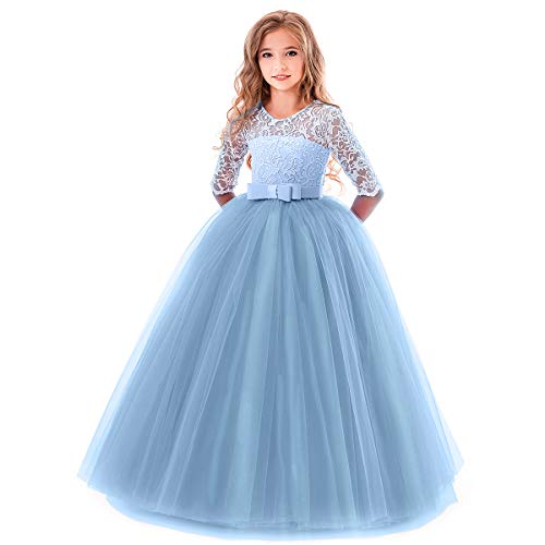 Acheter OBEEII Robe Ceremonie Fille 3/4 Manche en Dentelle Florale Elegante Costume Habillé 13-14 Ans Bleu chez AMAZON.FR