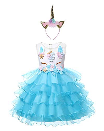 Acheter YuanDiann Fille Enfant Halloween Licorne Deguisement Robe Costume Ceremonie Cortege Tulle Princesse Anniversaire Fête Noël Carnaval Photographie Performance Robe De Soiree 2# Bleu + Bandeau Or 110 chez AMAZON.FR