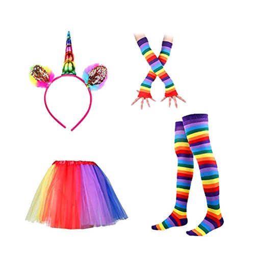 Acheter LUOEM Serre Tête Licorne Jupe Tutu Chaussettes Hautes Rayées Multicolores et Gants Longs Déguisement Licorne Femme Costume Licorne chez AMAZON.FR