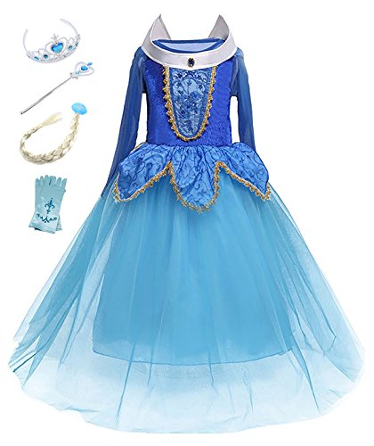 Acheter Eleasica Filles Manches Longues déguisement de La Belle au Bois Dormant en Tulle Costume Diadème Gants Baguette Magique Tresse Rose Bleu Robe de Soirée Cérémonie Halloween Noël, Bleu, 130 cm chez AMAZON.FR