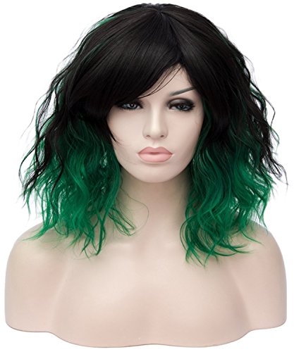 Acheter CLOCOLOR Perruque De Femme Court Bouclés 35CM Cheveux Synthétique Naturelle Fragments Obliques Perruque Deguisement pour Party Fete de la Musique Cosplay Costume Noir Vert chez AMAZON.FR