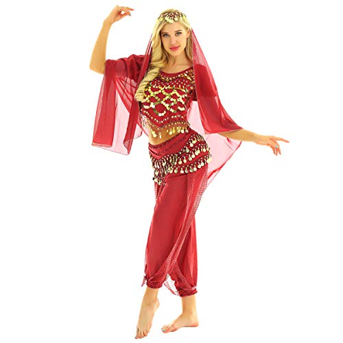 Acheter YOOJIA Femme Robe Belly Danse du Ventre 4pcs Déguisement Princesse Indien Costume Ensemble Danse Orientale Débardeur Paillettes&Pantalon&Ornement de la Tête Rouge Taille Unique chez AMAZON.FR