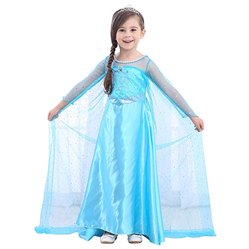 Acheter URAQT Elsa Deguisement Robe Reine des Neiges Princesse avec Manche Longue pour Carnaval/Anniversaire / Halloween/Ceremonie, Bleu,Taille 120 pour les 4-5 ans chez AMAZON.FR