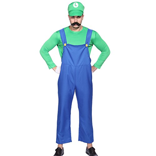 Acheter Costume Plombier LUIGI Mario frere bros bleu vert super Deguisement Homme 80s plombier Taille M(42/44) L(46/48) XL(50/52) chez AMAZON.FR