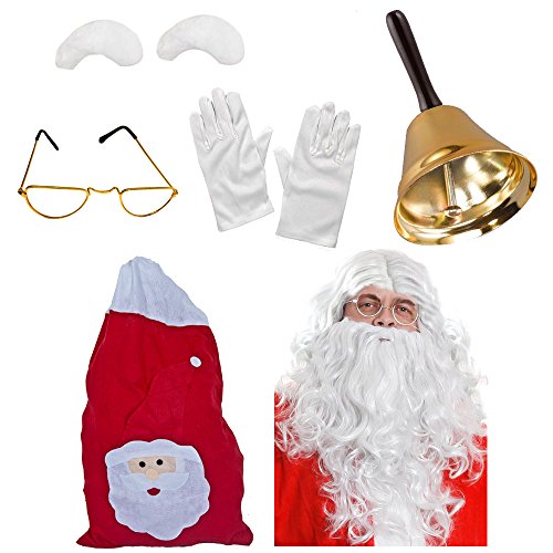 Acheter Déguisement accessoires de père Noël avec la perruque + la barbe + les lunettes + les sourcils + les gants + la clochette + le sac pour adulte. Ideal pour les fêtes de fin d'année. chez AMAZON.FR