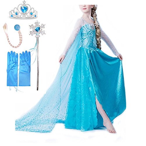 Acheter Frbelle Deguisement Cosplay Princesse Fille Robe Costume et Accessoires Gants Couronne Baguette Natte pour Carnaval Anniversaire Halloween Ceremonie pour Bébé Enfant 2 3 4 5 6 7 8 ans chez AMAZON.FR