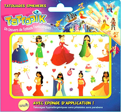 Acheter TATTOOIK PRINCESSES tatouage ephemere temporaires hypoallergénique MADE IN FRANCE. 1 planches + 1 éponge cosmétique Enfant chez AMAZON.FR