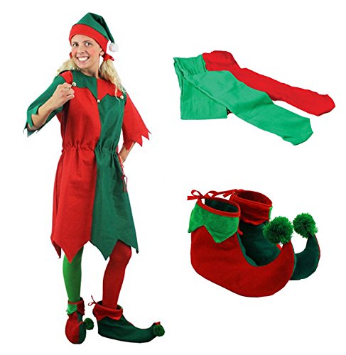 Acheter Un déguisement d'Elfe de Noël avec une tunique verte et rouge pour adulte + chaussures + collants. Ideal pour les fêtes de Noël. ( Medium ) chez AMAZON.FR