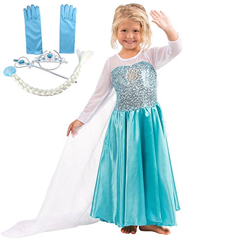 Acheter Katara - Robe bleue d'Elsa pour filles avec set costume - diadème/ baguette magique/ gants et tresse - set de déguisement de carnaval la Reine des Neiges - 6-7 ans chez AMAZON.FR