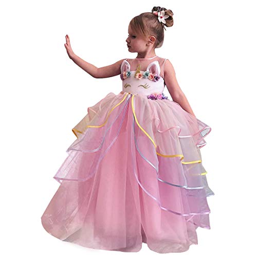 Acheter NNJXD Robe de Licorne Filles Applique Fête Halloween Fantaisie Costume Taille (150) 7-8 Ans Rose chez AMAZON.FR