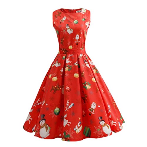 Acheter Koly Robe de Soirée Cocktail Noël fête, 2017 Robe rétro Femme sans Manches Dentelle Vintage O-Neck A-Line Pin Up Swing Dress avec Impression de Noël (XL/FR 42, Rouge) chez AMAZON.FR