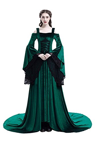 Acheter Halloween Medieval Lace Epaule Nu Robe de Soiree Deguisement Reine Longue Robe avec Manches Flares chez AMAZON.FR