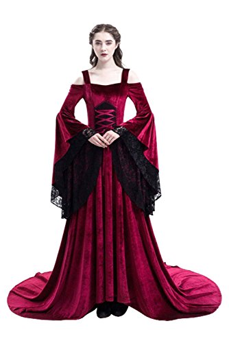 Acheter Halloween Medieval Lace Epaule Nu Robe de Soiree Deguisement Reine Longue Robe avec Manches Flares, Rouge, M chez AMAZON.FR