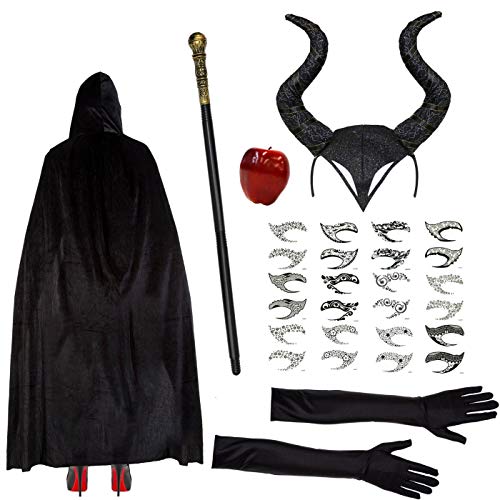 Acheter Méchante Sorcière Déguisement Halloween Ensemble (Klaxon Bandeau, Cane, Cape, Gants, Noir œil Tattoos) chez AMAZON.FR