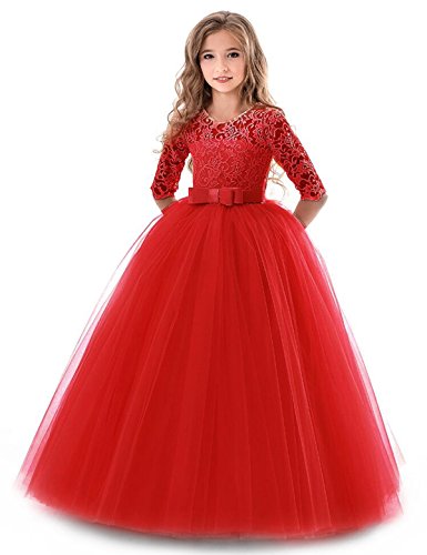 Acheter NNJXD Filles Pageant Broderie Robe de Bal Princesse Robe de mariée Taille（160） 12-13 Ans Rouge chez AMAZON.FR