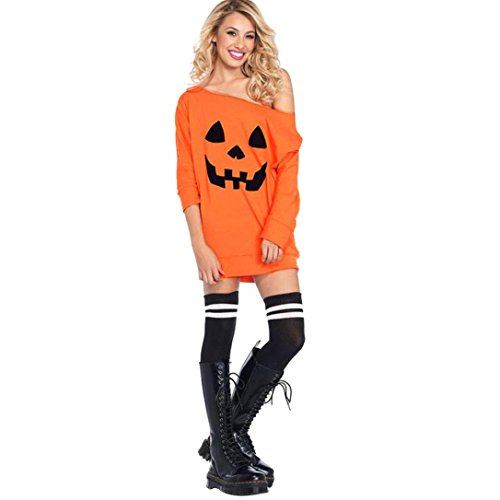 Acheter ADESHOP Élégant Robes Femmes Robe Slash Cou Costume Citrouille Halloween DéGuisements Manches Longues Chic Mini Robe Couleur Pure Slim Sweat Casual Jupe Au Genou (M, Orange) chez AMAZON.FR