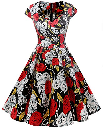 Acheter Bbonlinedress Robe Femme de Cocktail Vintage Rockabilly Robe plissée au Genou sans Manches col carré Rétro Black Skull S chez AMAZON.FR