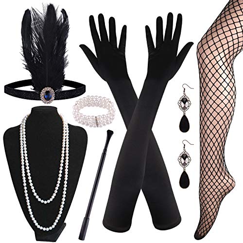 Acheter FEPITO 9 Pcs Années 1920 Accessoires Set Flapper Bandeau Collier Boucles d'oreilles Longs Gants Noirs Porte-Cigarette Collants Résille Great Gatsby Accessoires pour Femmes （Set C chez AMAZON.FR