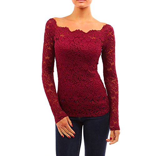 Acheter MORCHAN Femmes Automne Mince Plaine Mode Bateau Cou Dentelle Sexy à Manches Longues Chemise épaule Set Top Sweat Cardigan Manteau Blouson Tunique Tops Pull Gilet Blouse(FR-38 / CN-M,Vin Rouge) chez AMAZON.FR