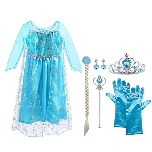 Acheter Vicloon Petites Filles Princesse Robe Manches Longues,La Reine des Neiges Elsa Costume Deguisement Accessoires Chaussures Carnaval - Bleu - 5pcs 140 (pour 6-7 Ans) chez AMAZON.FR