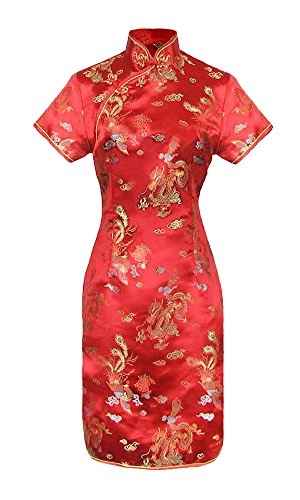 Acheter Robe chinoise Qipao rouge motif dragon à manches courtes - 38 chez AMAZON.FR